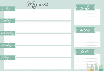 Green weekly planner with cactus, stationery organizer for daily plans, floral vector weekly planner template, schedules - obrazy, fototapety, plakaty
