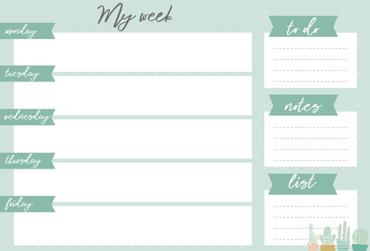 Green weekly planner with cactus, stationery organizer for daily plans, floral vector weekly planner template, schedules