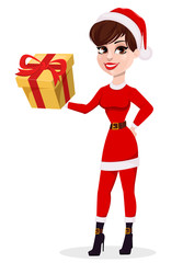 Merry Christmas greeting card. Pretty woman in Santa Claus costume holding gift box.