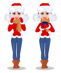 Beautiful woman in winter clothes, set of two poses. Happy smiling cartoon character. Vector illustration