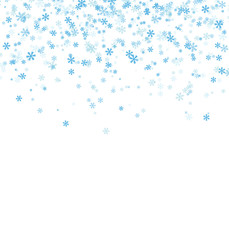 Falling blue snowflakes on white background
