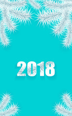 Christmas or New Year background vertical with tree branch silver on cyan creative trend style for congratulation or invitation with Merry Christmas or New Year or for mobile telephone 