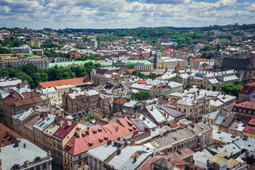 Fototapeta na wymiar Lviv city seen from a City Hall tower, Ukraine
