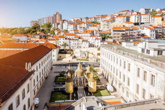 Top cityscape view on the old town with Manga garden in Coimbra city in the central Portugal