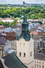 Fototapeta premium Bell tower of Latin Cathedral on the Old Town of Lviv, Ukraine