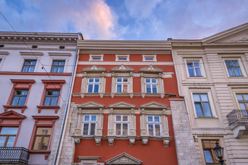 Fototapeta na wymiar Townhouses on a main square of Lviv Old Town, Ukraine