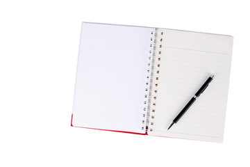 Open book with blank pages and pen on white background