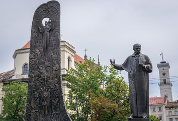 Taras Shevchenko statue in Lviv city, Ukraine