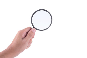 Man's hand with magnifying glass holding classic styled isolated on white background