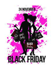 Black friday man and woman silhouette with shopping bags on the pink blot background 