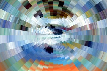 Sparkling circular hypnotic abstract background in orange, blue, brown hues