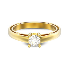 3D illustration yellow gold decorative solitaire engagement diamond ring with shadow