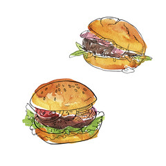 Burger set with meat and fresh vegetables. Watercolor and ink sketch. Hand drawn illustration.