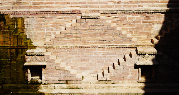 The Step Well - Toorji Ka Jhalara. Local sight. Symmetry steps. Geometry. Heritage in Jodhpur, Rajasthan, India. Baori.