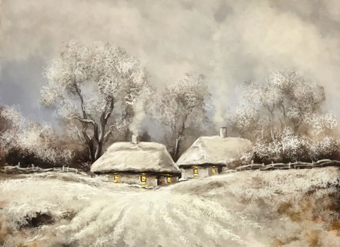 The art. Winter oil paintings landscape, digital art, fine art