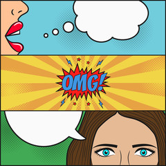 Design of comic book page. Dialog of two girls with speech bubble with emotions - OMG! Lips and face with eyes of woman. Cartoon sketch in pop art style. Vector illustration.