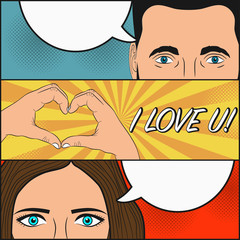 Love story of woman and man. Design of comic book page with blank speech bubbles for text and hand gesture - heart. Female and male face with eyes. Cartoon sketch in pop art style. Vector illustration