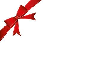 Decorative red ribbons with bow  banner in the corner diagonally. With copy space isolated on white. Vector. For a holiday or a party
