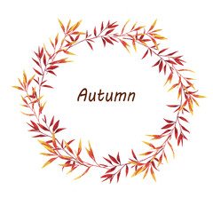 Obraz premium Autumn leaves and branches wreath on white background. Hand drawn watercolor illustration.
