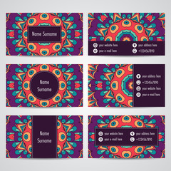 Set of business cards with floral mandala ornaments. Vector illustration