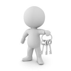 3D Character holding a key chain with silver keys