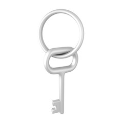 3D illustration of a silver key and key chain