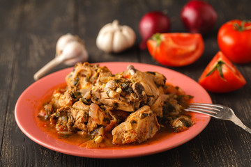 chicken stew with vegetables on a table close-up