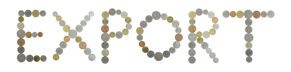 EXPORT word with old coins on white background