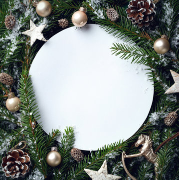 Frame of Christmas tree branches and decorations