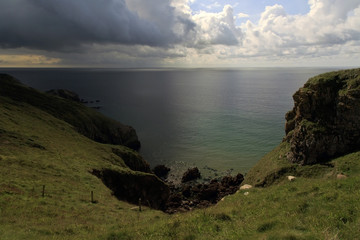 Moody Pembroke coastline with dak clouds sea cliffs and rocky headland