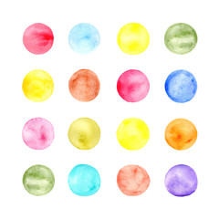 Round water color pattern on the white background. Globs of vivid colors. Ornament of colorful circles. 