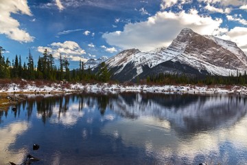 Mountain Sarrail Panoramic Landscape and Dramatic Sky Reflected in Calm Water of upper Kananaskis Lake near Banff National Park in Rocky Mountains Alberta Canada