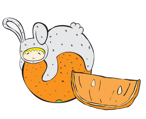 big orange and child in a rabbit costume,useful fruits and children, nutrition for kids, healthy diet, vector image, cartoon character, outline style