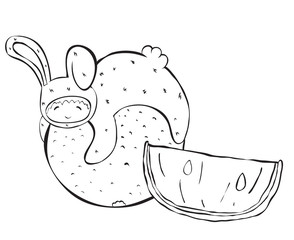 big orange and child in a rabbit costume,useful fruits and children, nutrition for kids, healthy diet, vector image, cartoon character, outline style,black and white picture