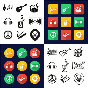 Reggae All in One Icons Black & White Color Flat Design Freehand Set