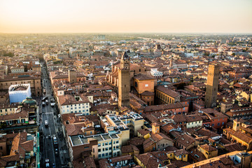Obraz premium Aerial view of Bologna, Italy at sunset. Colorful sky over the historical city center and old buildings