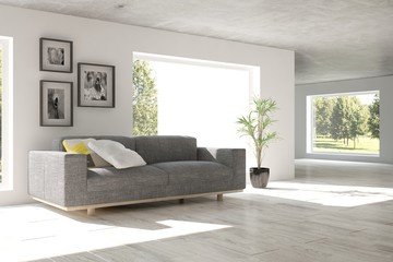 Idea of white room with sofa and summer landscape in window. Scandinavian interior design. 3D illustration