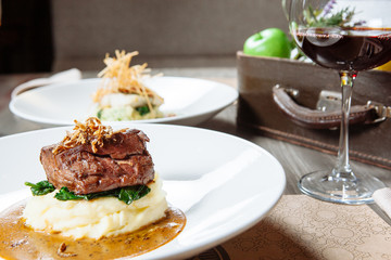 Grilled meat with mashed potatoes