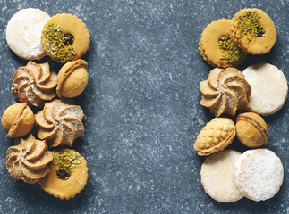 Assorted cookies: linzer cookies,shortbread, nuts cookie, orange almond cookie.