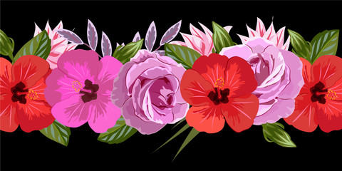 Seamless floral border with beautiful roses and hibiscus. Hand-drawn pattern on black background. Design element for cards, invitations, wedding, congratulations. Panoramic format.