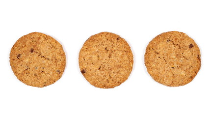 Round wholewheat biscuit with chocolate isolated on white background, top view
