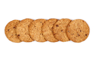 Round wholewheat biscuit with chocolate isolated on white background, top view