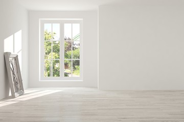 White empty room with summer landscape in window. Scandinavian interior design. 3D illustration