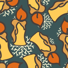 Candle with snowflake, seamless vector pattern isolated on dark. Merry Christmas and Happy New Year traditional style. Wax candle, light. Flame of burning candle with dripping wax, minimal flat style.