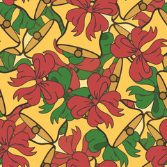 Christmas Jingle bells vector seamless multilayered pattern. Merry Christmas and Happy New Year design in traditional style. Golden Christmas bell with red and green ribbon. Minimal flat design.