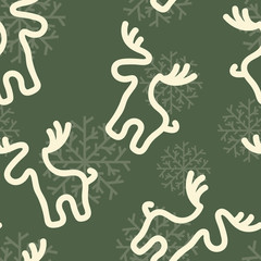 Deer silhouette seamless vector pattern on green. Merry Christmas Happy New Year simple flat design. Christmas decorative pattern for print, texture, wrapper. Minimal deer icon or sign.