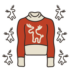 Christmas set: white-red sweater, deer. Vector image in Christmas style. Merry Christmas and Happy New Year traditional style.