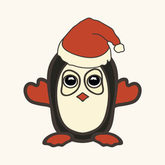 Penguin in Christmas hat. Vector image of a New Year's Penguin in Santa Claus's clothes. Merry Christmas and Happy New Year design in traditional style, greeting card. Cute character for children.