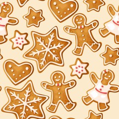 Fototapeta na wymiar Winter seamless patterns with gingerbread cookies