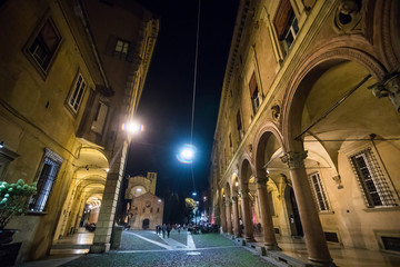 BOLOGNA, ITALY - October, 2017: View of the night street in the old city of Bologna, Italy.